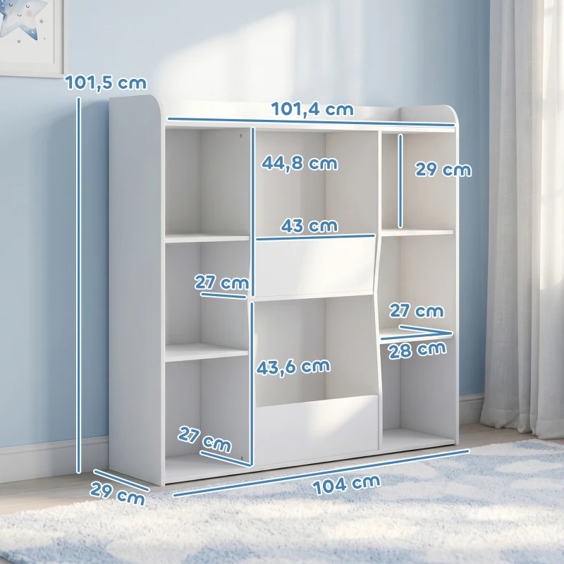 AIYAPLAY Meuble rangement enfant, bibliothèque enfants avec 8 compartiments et étagère supérieure, 104 x 29 x 101,5 cm, blanc