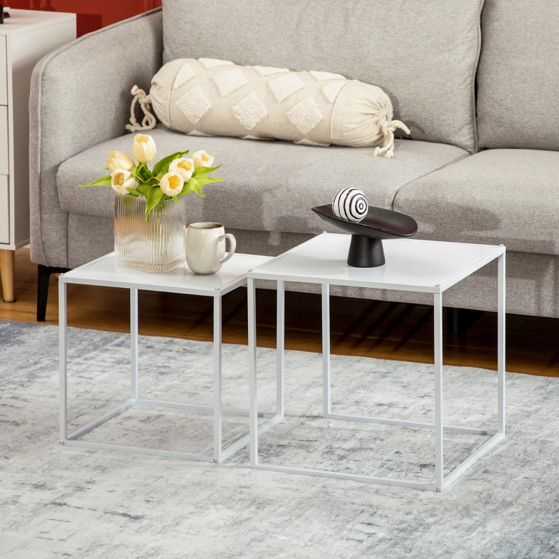 HOMCOM Bijzettafelset, Moderne Nesttafels, Ruimtebesparend, Stabiel Stalen Frame, Wit