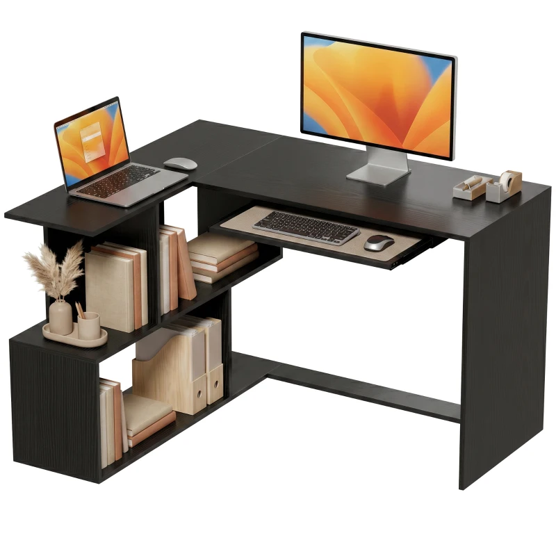 HOMCOM Bureau d'Angle, 120 x 100 x 76 cm, Bureau Informatique en L avec Plateau de Clavier, 4 Compartiments Ouverts, Noir