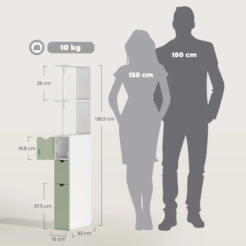 HOMCOM Slim Bathroom Storage Cabinet, Tall Bathroom Floor Cabinet with 2-Tier Shelf and 2 Drawers, White and Light Green