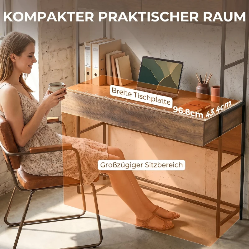 HOMCOM Computertisch mit Regalen und 2 Schubladen für das Home Office, 185 cm hoch, Braun Holzoptik