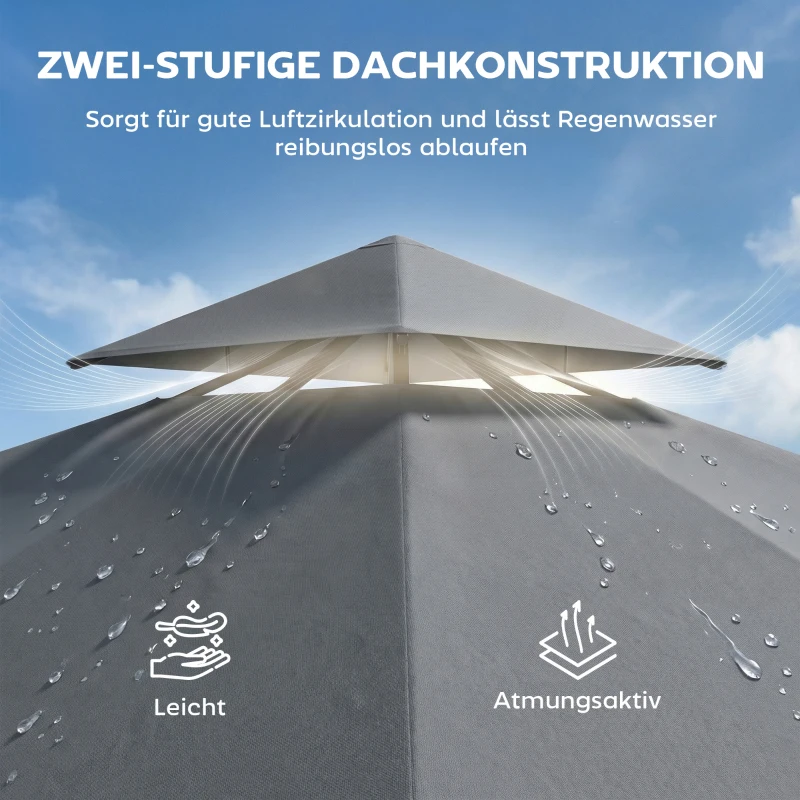 Outsunny Pavillon 3,2x3,2 m Stabil Winterfest Gartenpavillon mit ausziehbaren Dachüberstand, Doppeldach Dunkelgrau