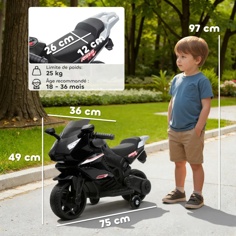 AIYAPLAY Moto électrique enfants, moto à batterie 6 V avec effets lumineux et sonores, roues d'entraînement, 75x36x49cm, noir