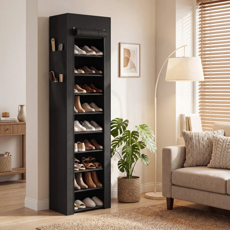 HOMCOM Étagère à Chaussures 20 Paires 10 Niveaux, Range-Chaussures en Métal avec Housse Anti-Poussière, Noir