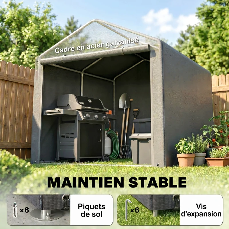 Outsunny Abri de jardin tente de stockage imperméable abri moto porte enroulable fermeture éclair, 160 x 218 x 172 cm, gris clair