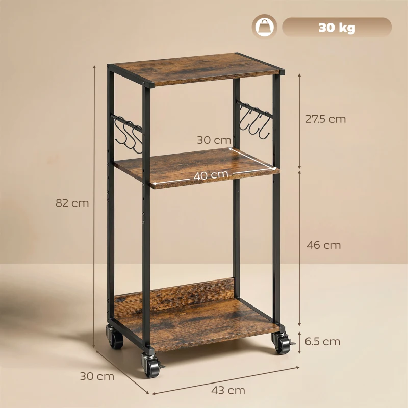 HOMCOM Dulap Imprimantă Industrial 3 Niveluri, Roți și Cârlige, Maro Rustic.