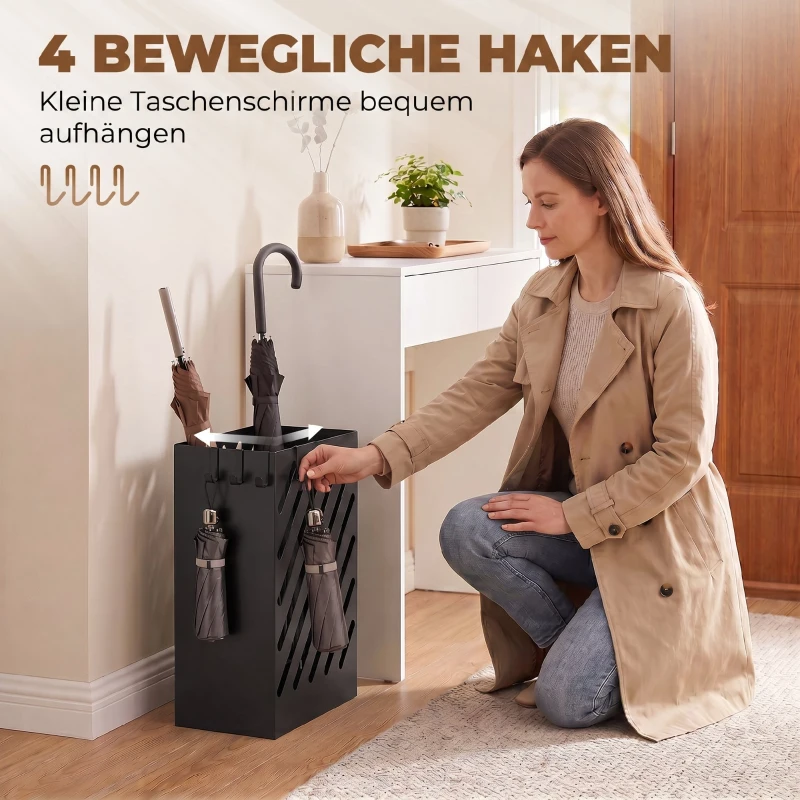 HOMCOM Parapluhouder met opvangschaal, 4 haken, staal, 28L x 14B x 41H cm, zwart
