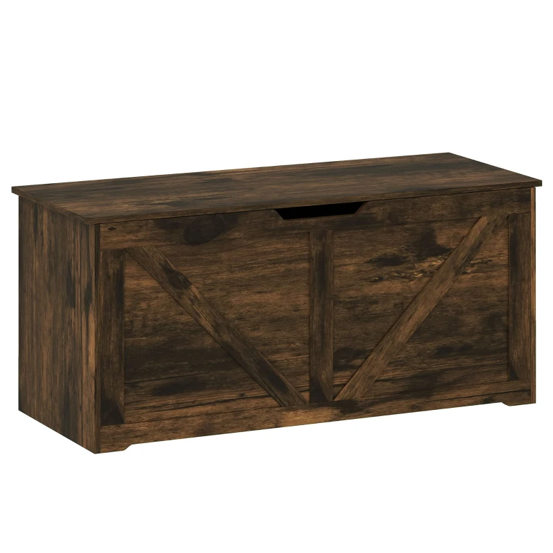 HOMCOM 127L Home Storage Box, with Safety Hinges - Rustic Brown Wood-Effect