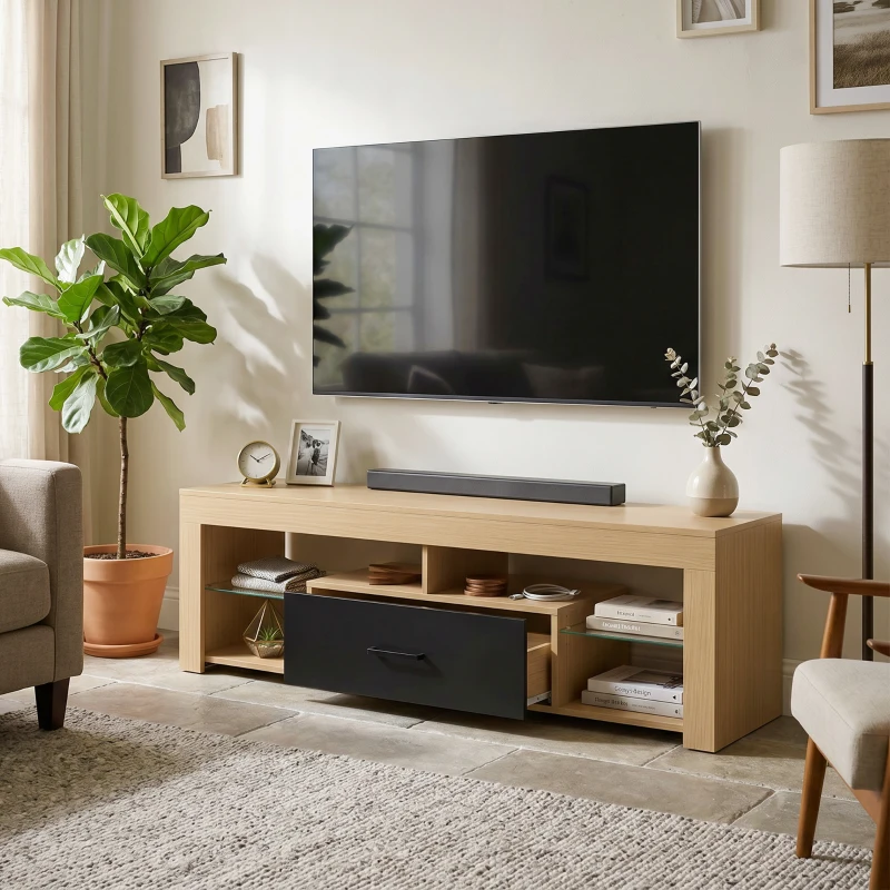 HOMCOM Lowboard RTV do telewizorów do 165,1 cm, nowoczesna szafka RTV z regulowanymi półkami szklanymi, dąb