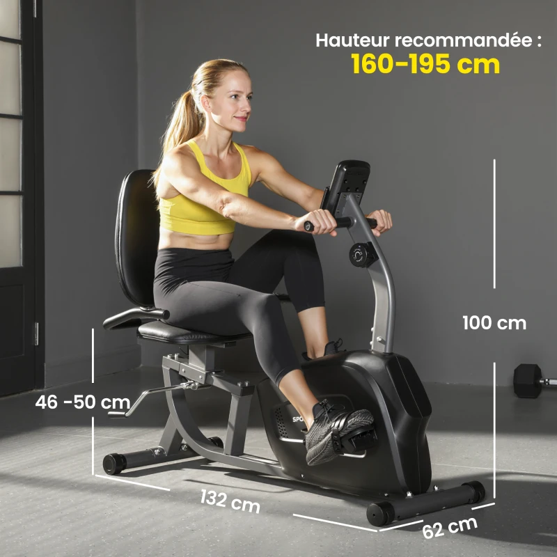 SPORTNOW Vélo d'Appartement Semi-Allongé avec Roues, Résistance Magnétique et Siège Réglable, 132x62x100cm, Noir