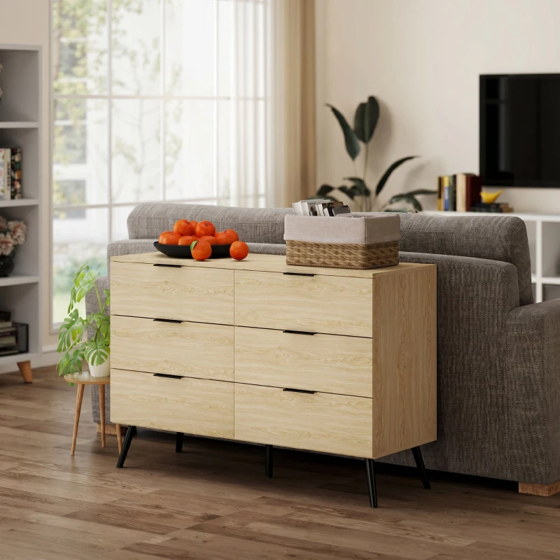 HOMCOM Comodă cu 6 sertare din lemn pentru dormitor și hol, 110x40x75cm, stejar