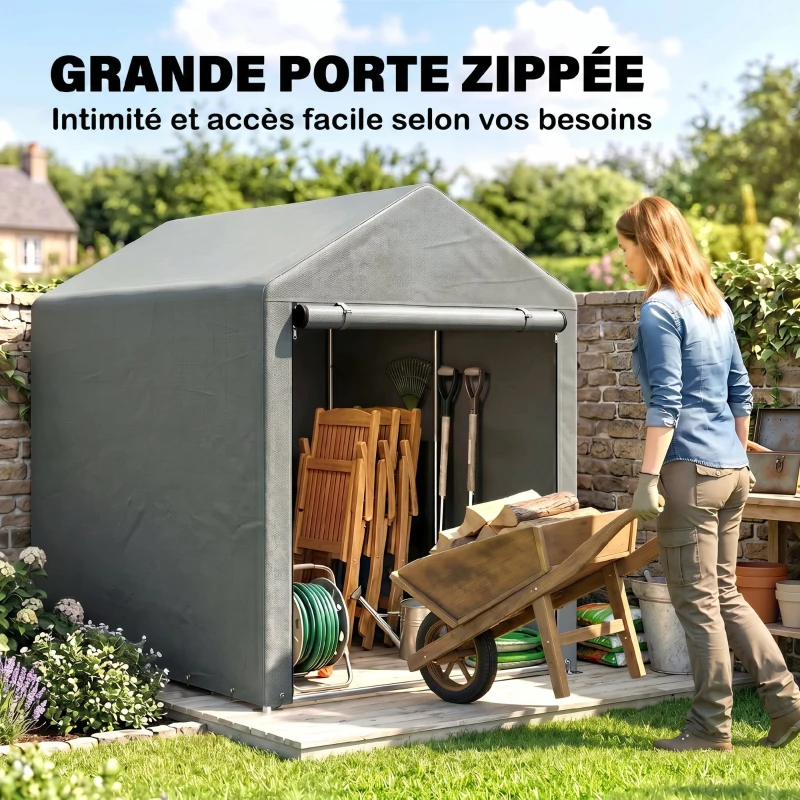 Outsunny Abri de Jardin Imperméable avec 2 Compartiments, Porte Enroulable à Fermeture Éclair, 120x179x165cm, Gris Clair