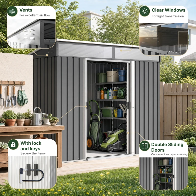 Outsunny 6.5 x 4FT Galvanised Metal Shed with Foundation Kit, Lockable Tool Garden Shed with Double Sliding Doors, Vents, Grey