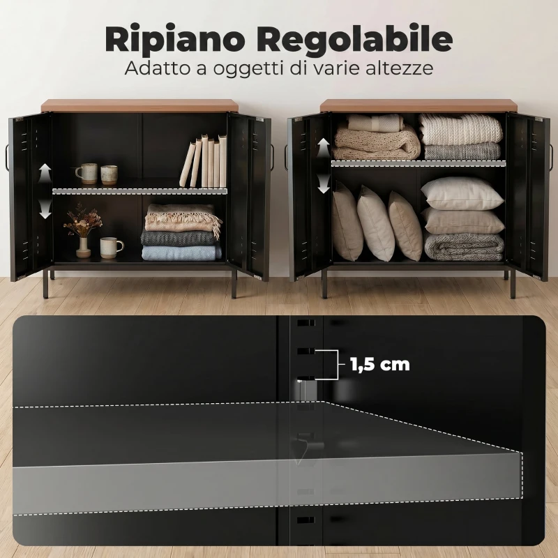 HOMCOM Credenza in Metallo Stile Industriale a 2 Ante con Ripiano Regolabile, 80x40x80 cm, Nero