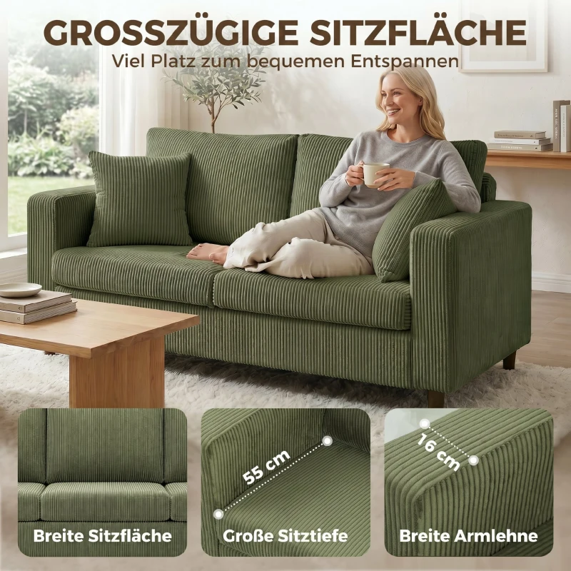 HOMCOM 2-zits cordbank met brede diepe zitting en pocketveringvulling, groen
