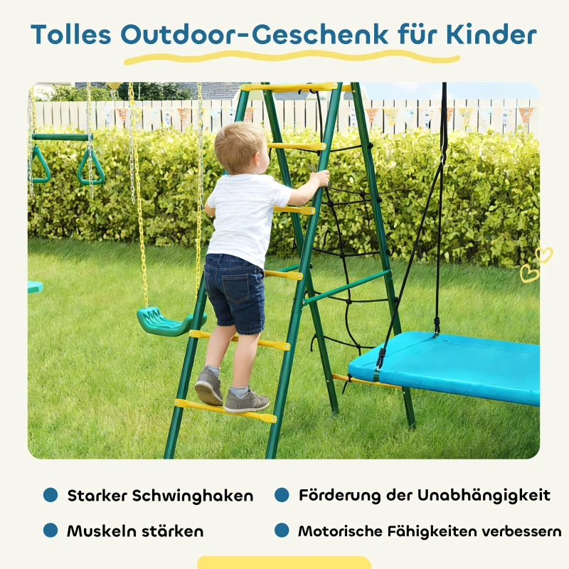 AIYAPLAY 5-in-1 Schaukelgestell mit verstellbarer Nestschaukel Turnringe Doppelsitzer Klettergerüst für 3-8 Jahre 440x175x203 cm