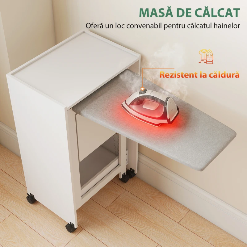 HOMCOM Dulap Masă de Călcat Pliabil cu Roți și Suport pentru Fier de Călcat, Dulap de Călcat Multifuncțional cu Rafturi, Compartiment Deschis, pentru Spălătorie, Baie, 154x55x87 cm, Alb