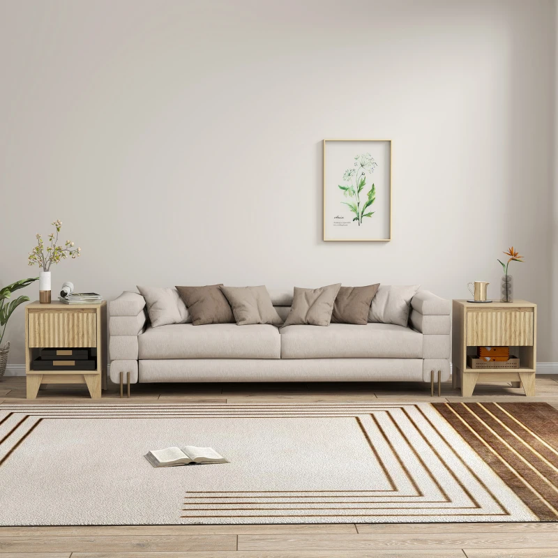 HOMCOM Lot de 2 tables de chevet étroite, table d'appoint compartiment ouvert 1 tiroir, panneaux cannelés 43x40x55cm naturel