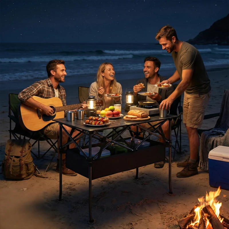 Outsunny Klappbarer Rollbarer Picknicktisch Tragbarer Campingtisch mit Netzablage und Tragetasche für den Außenbereich, Schwarz