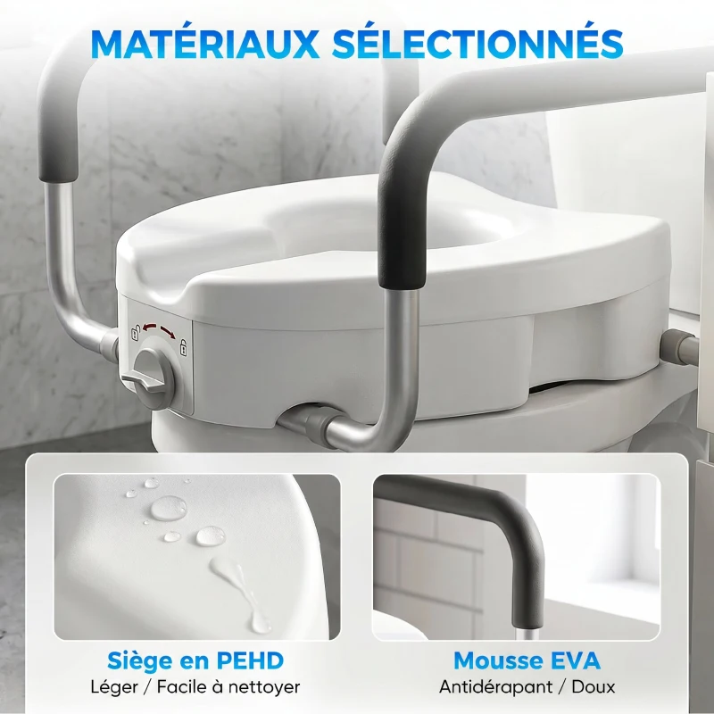 HOMCOM Rehausseur de siège de toilettes avec poignées, largeur réglable, accoudoirs rembourrés, blanc