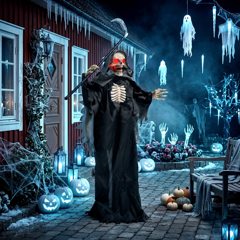 HOMCOM 170 cm Halloween Animierte Sensenmann Deko mit Sound- und Berührungsaktivierung, leuchtenden Augen und Brustkorb