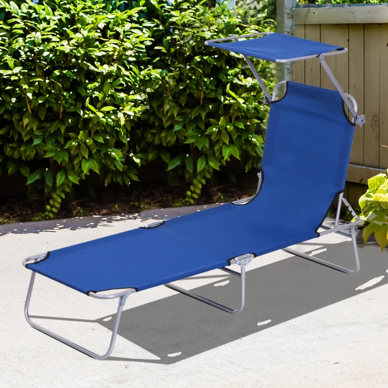 Outsunny Transat Bain de Soleil Pliable Chaise Longue Pliante Grand Confort Dossier Inclinable Multi-positions et Pare-Soleil réglable Dim. 187L x 58l x 36H cm Bleu