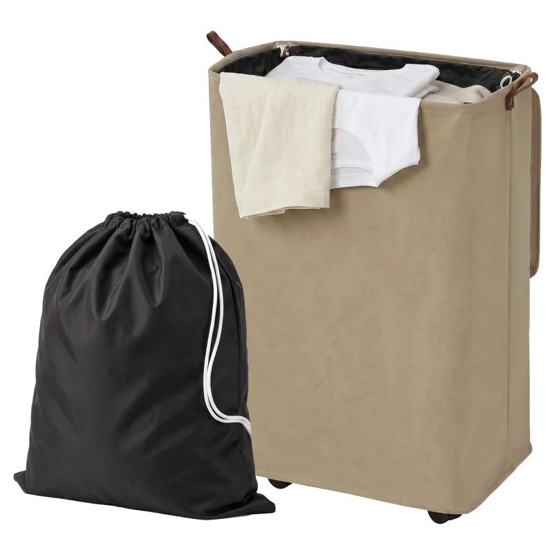 HOMCOM Cesto de Ropa Sucia con Tapa y Ruedas 50L Cesta de Ropa Sucia Plegable con Bolsa con Cordón Extraíble 40x30x65 cm Camel