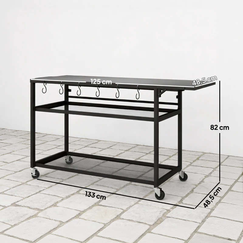 Outsunny Desserte jardin chariot de barbecue sur roulettes avec Plateau Latéral Pliable, Trois Étagères, 133 x 48,5 x 82 cm, Noir