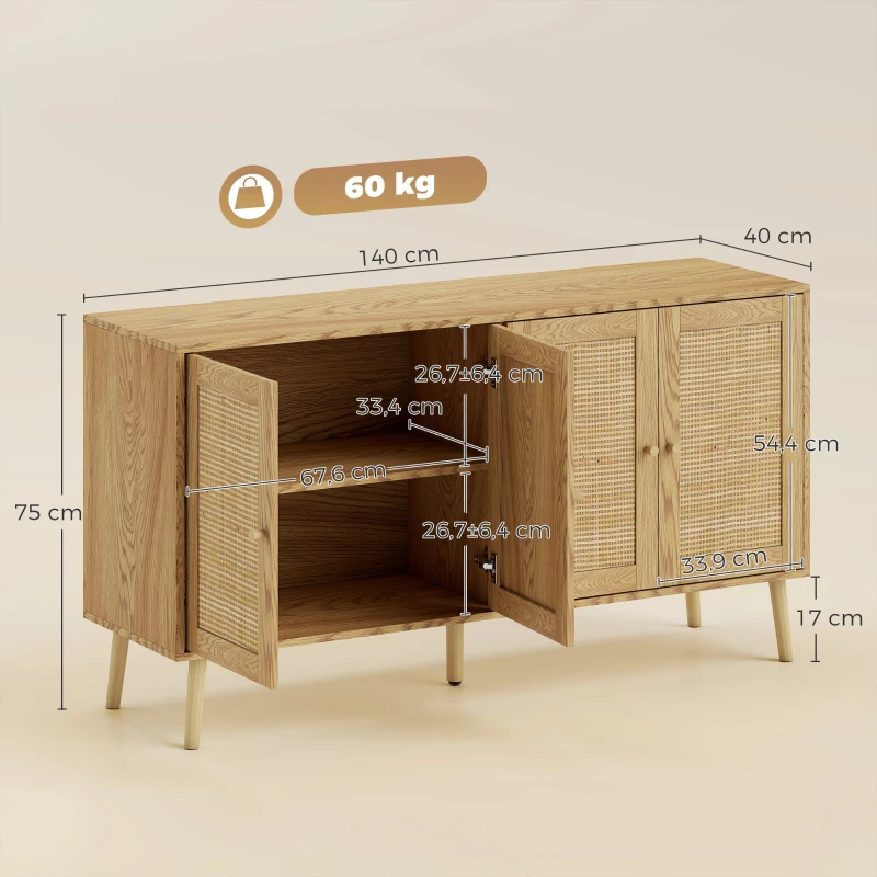 HOMCOM Rotan sideboard met 4 deuren, boho keukenbuffet met 2 verstelbare legplanken, houtlook natuur