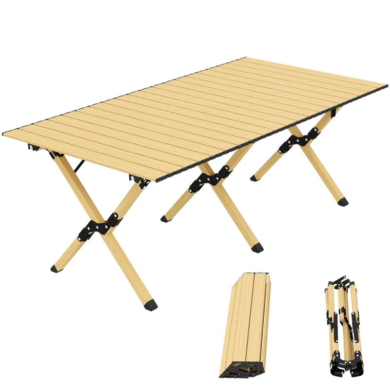 Outsunny Campingtisch 117 x 60 cm Aluminium Klapptisch mit Aufrollbare Tischplatte Holz-Optik Tragetasche wasserdicht