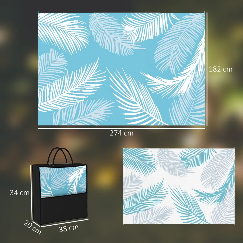 Outsunny Outdoor Teppich wendbarer robuster Wetterfest Outdoorteppich mit Tragetasche Bodenankern 274 x 182 cm Hellblau+Weiß