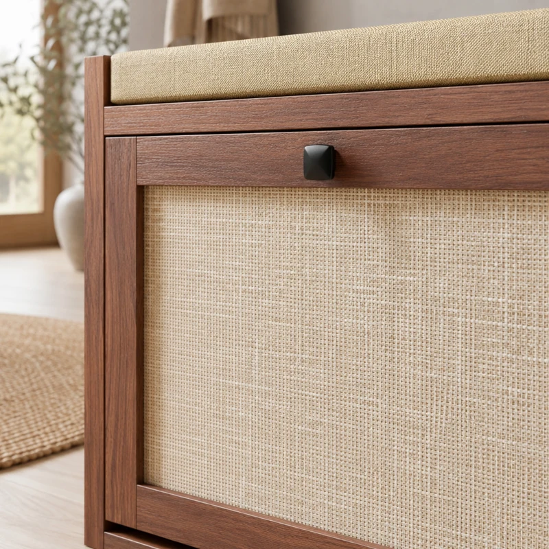 HOMCOM Rattan Shoe Bench with Padded Cushion and 2 Cabinets for Hidden Storage, Brown