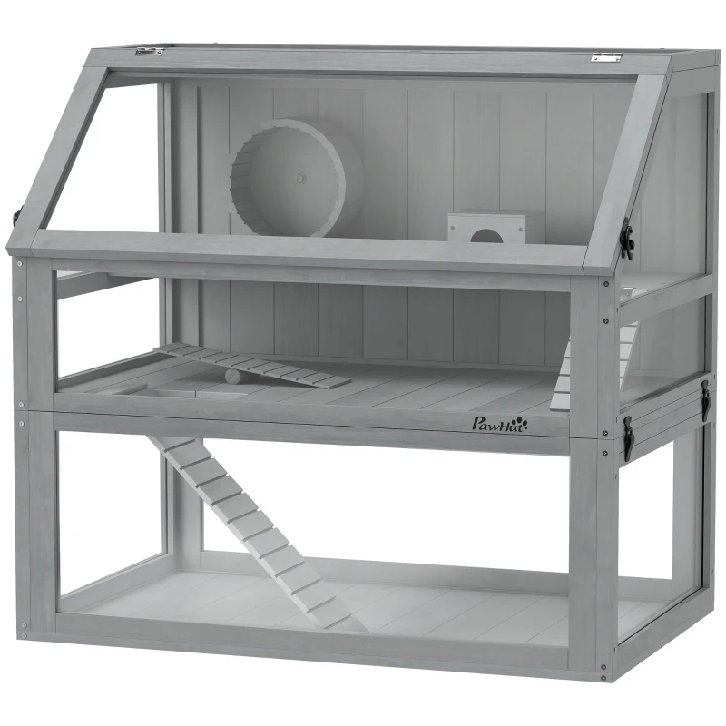 PawHut Cage Hamster Rongeur à 3 Niveaux, Base Amovible Profonde, Cabane, Balançoire, 80x50x76cm Gris Clair