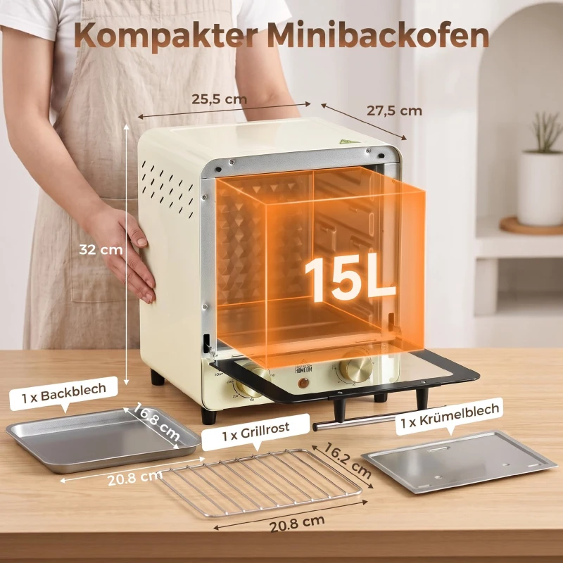 HOMCOM mini-oven 15L, pizzaoven, 1000 W elektrische mini-oven inclusief bakplaatset, kruimelbak, 1 uur Timer, 60-230 ℃, crèmewit