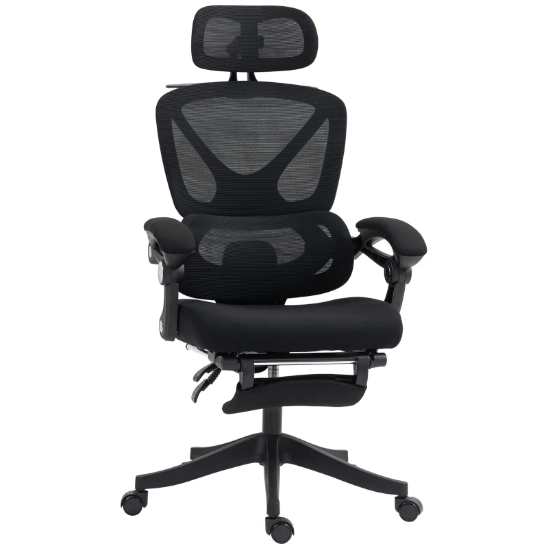 HOMCOM Scaun de birou ergonomic cu tetieră reglabilă, fotoliu de birou reclinabil din plasă, spătar separat, negru