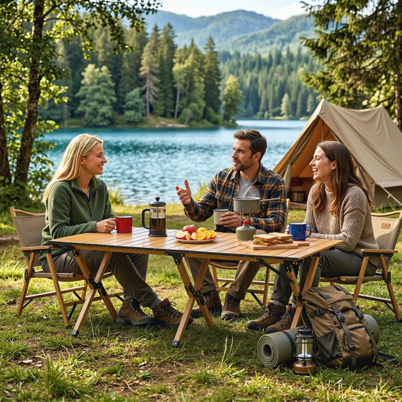 Outsunny Campingtisch 117 x 60 cm Aluminium Klapptisch mit Aufrollbare Tischplatte Holz-Optik Tragetasche wasserdicht