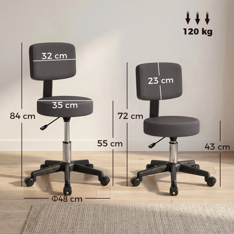 HOMCOM Tabouret massage a roulettes reglable en hauteur pivotant avec dossier ergonomique gris