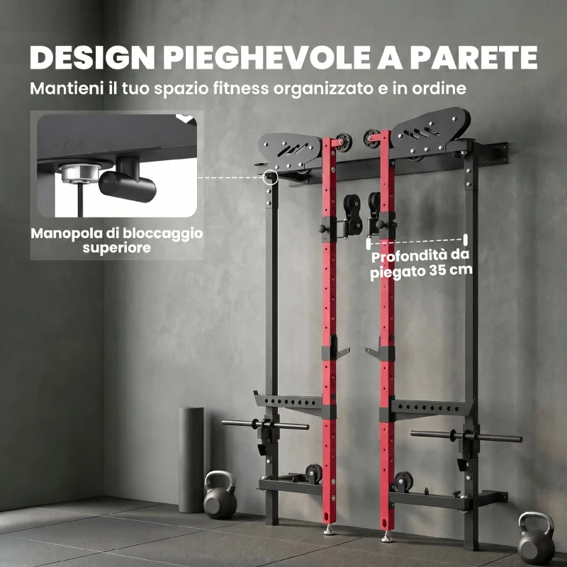 SPORTNOW Power Cage Pieghevole, Rack con Barra Trazioni e Sistema Puleggia Cavi, Rosso