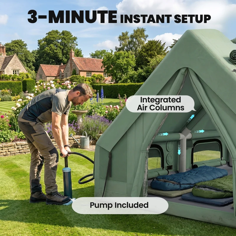 Outsunny Inflatable Camping Tent, 4 Season Hot Tent 10000mm Waterproof with Chimney Opening, Sky Light and Air Pump, Green