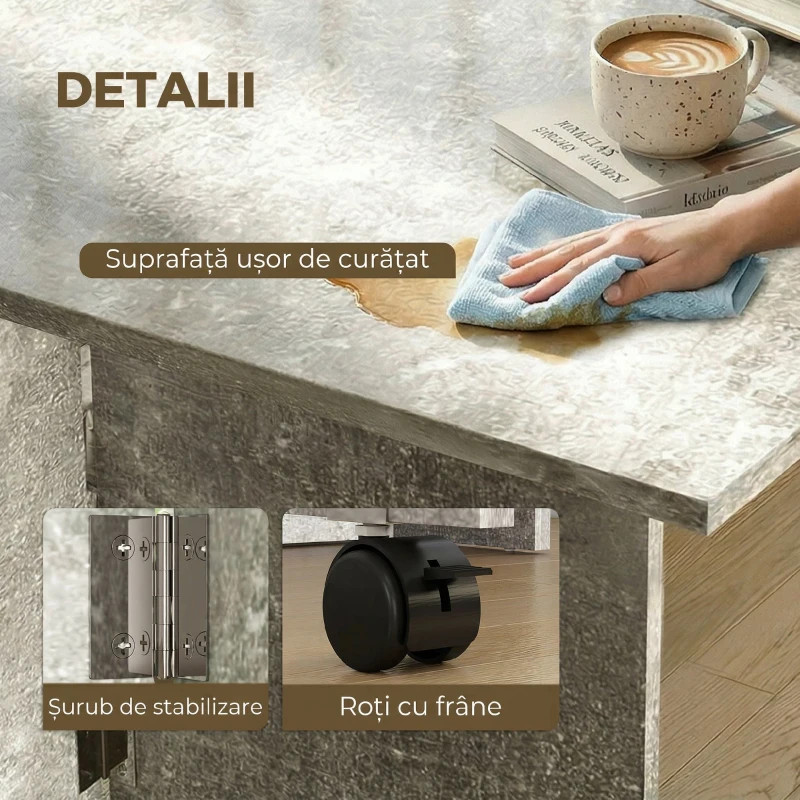 HOMCOM Masă de Dining Pliabilă cu Extensii și Roți cu Frână pentru 4-6 Persoane, Birou Pliabil,140x80x74 cm, Gri Ciment