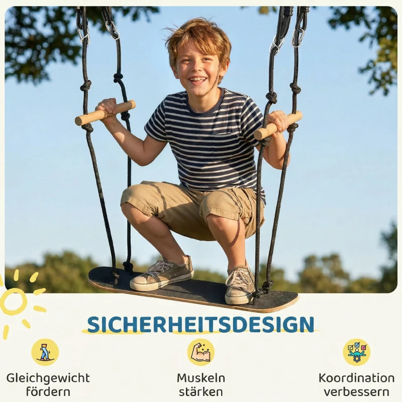 AIYAPLAY Skateboard Schaukel Kinderschaukel mit verstellbarer Höhe, rutschfestem Brett, wetterfestem Seil, Griffen Schwarz