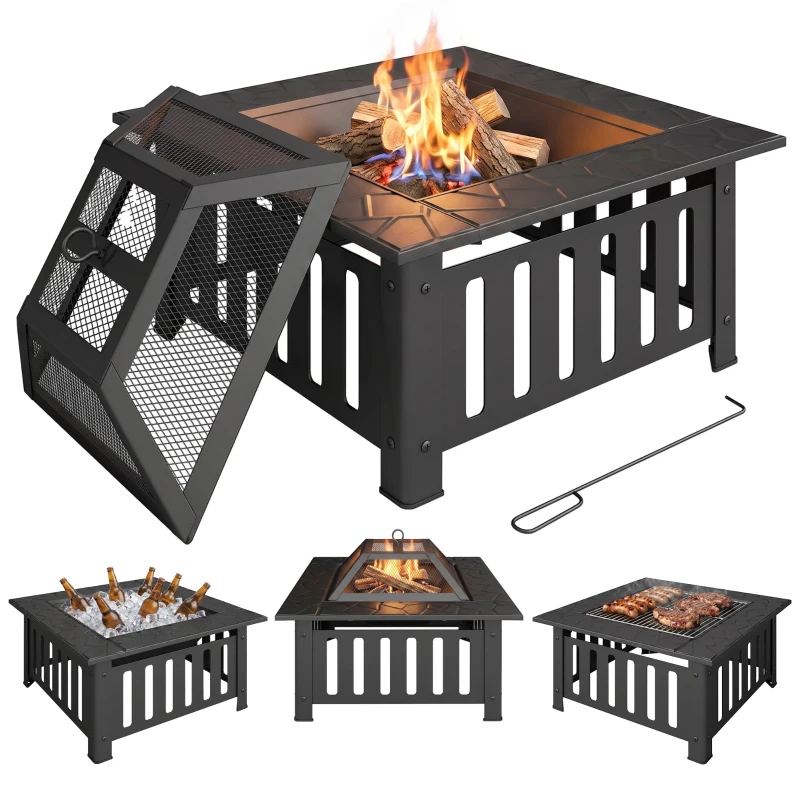 Outsunny Vuurschaal van Staal - Vuurkorf met Vonkenscherm en Pook - Voor Outdoor BBQ of Camping - 67x67x47cm - Zwart