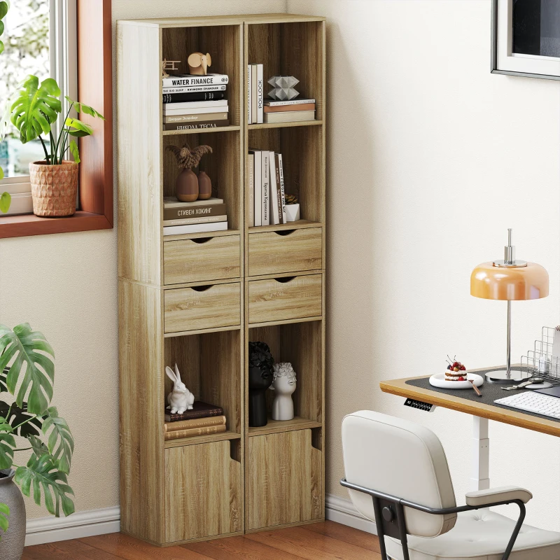 HOMCOM Librería 6 Estantes Con Cajón, Puerta, Baldas Abiertas, 30x24x158 Cm, Roble