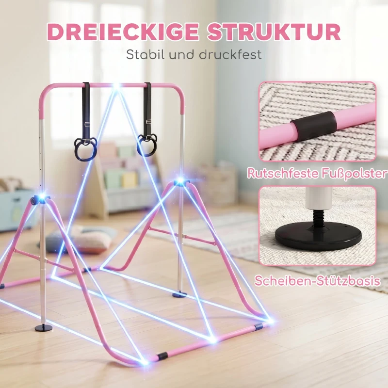 HOMCOM Kinder-Turnbarren mit Ringen, höhenverstellbar, klappbar, rutschfest, Stahlrahmen, 148x105x88-128 cm, Pink
