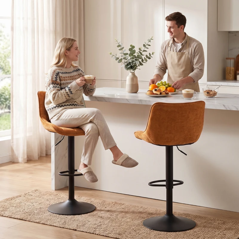 HOMCOM Set 2 drehbare und höhenverstellbare Barhocker mit Metallbasis und Rückenlehne, Orangebraun
