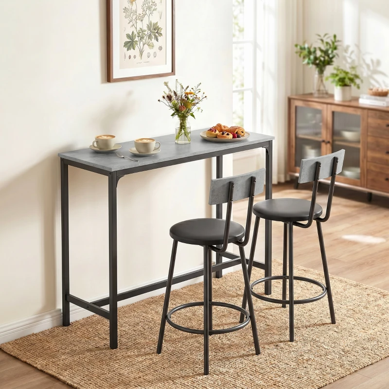 HOMCOM Conjunto de Mesa Alta com 2 Bancos de Bar Estofados com Apoio para Pés para Sala de Jantar Espaço Pequeno Cinza