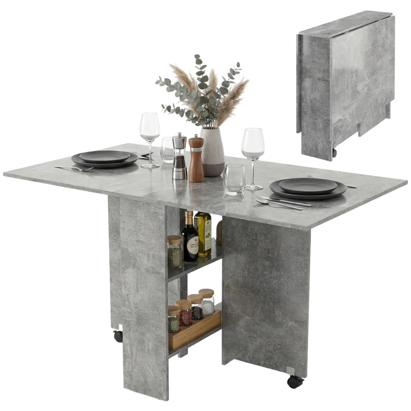 HOMCOM Masă de Dining Pliabilă cu Extensii și Roți cu Frână pentru 4-6 Persoane, Birou Pliabil,140x80x74 cm, Gri Ciment