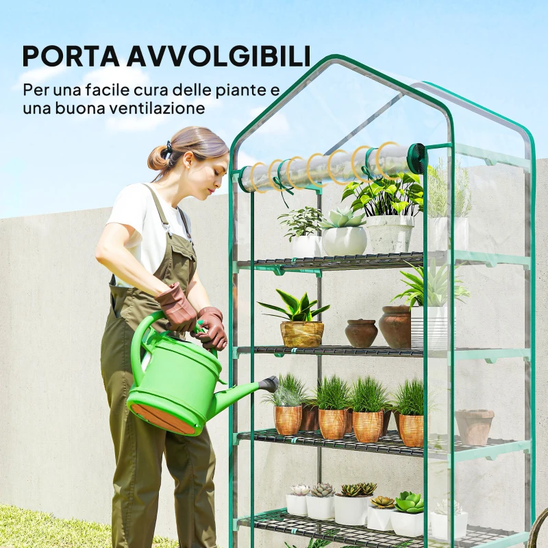 Outsunny Serra a Casetta a 5 Livelli con Ingresso Avvolgibile, in Acciaio e Polietilene, 90x49x193 cm, Trasparente