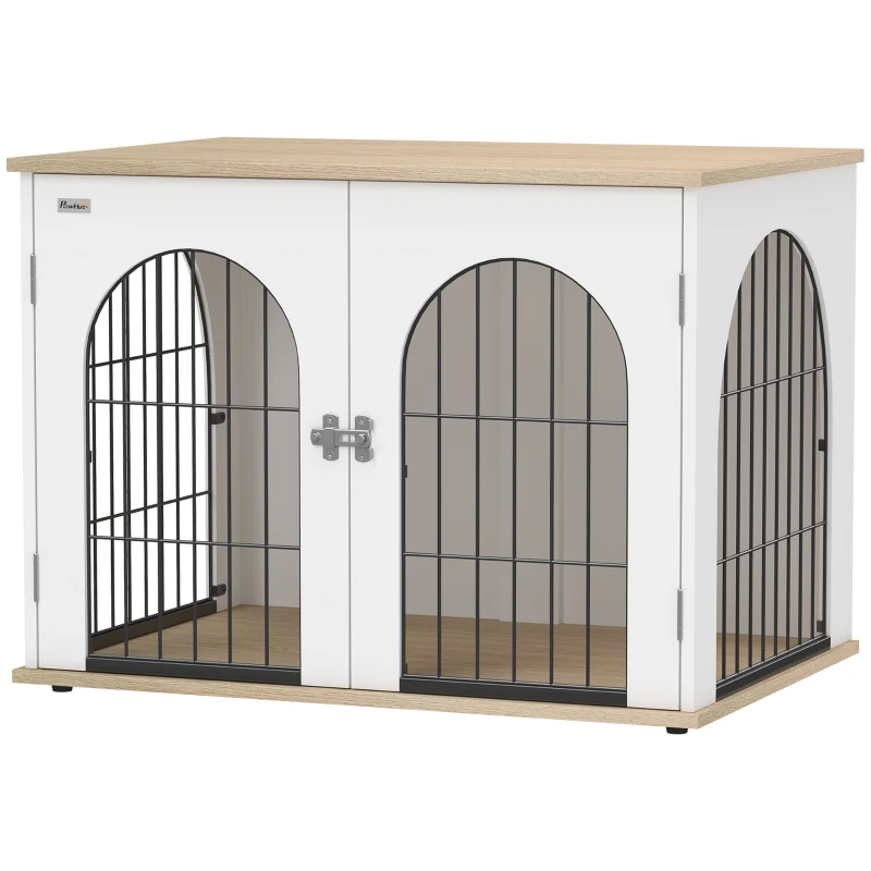 PawHut Cage pour Chien Meuble Cage Chien Intérieur Arche avec Double Porte comme Table d'Appoint en Métal 80x56x59cm Blanc