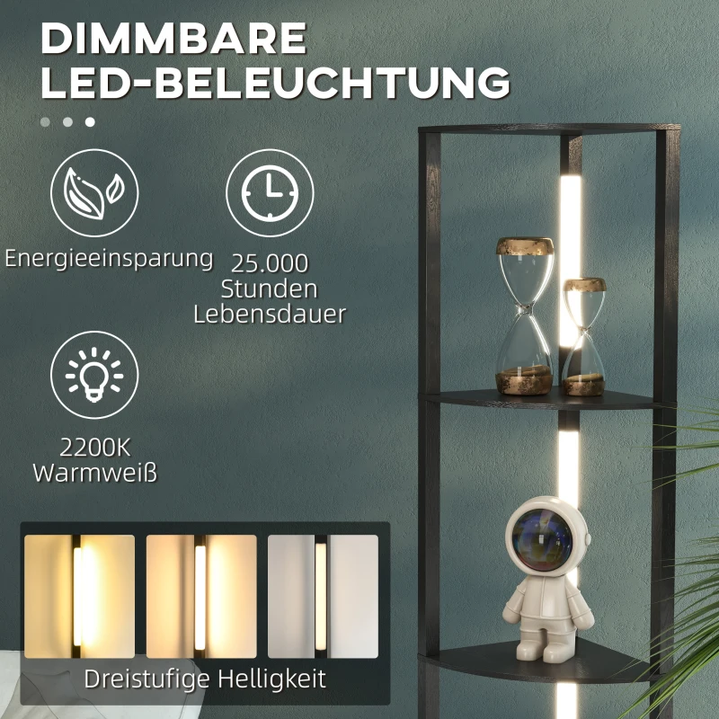 HOMCOM LED Staande Lamp, Hoekplank, Dimbaar, 4 Planken, Warm Wit Licht, 41x30x164cm, Zwart(m-5)